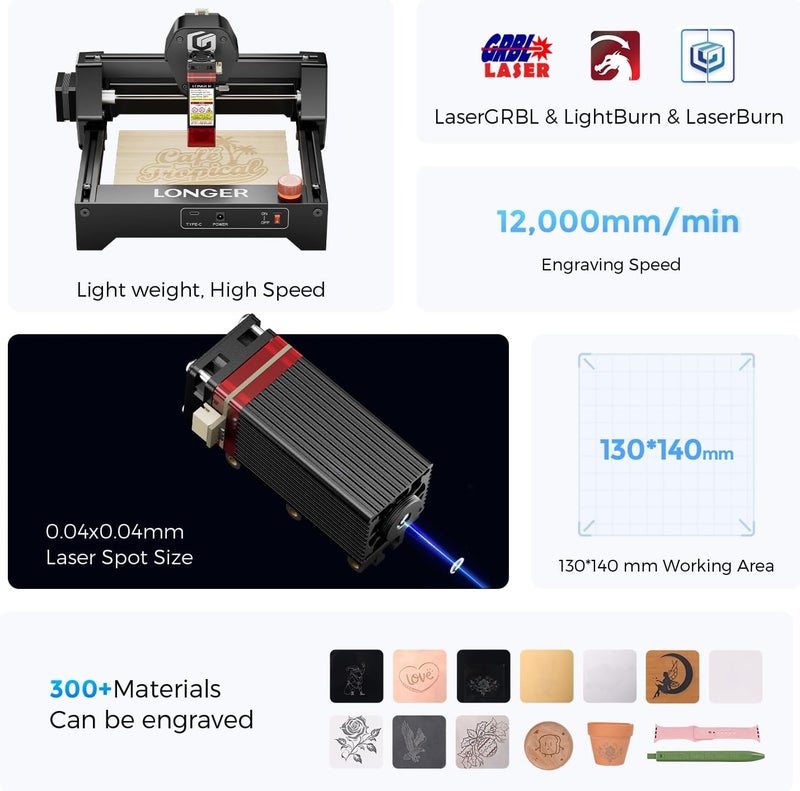 LONGER RAY5 Mini Laser Engraver, 12000mm/min High-Speed Cutter for Wood, Metal, Acrylic, Leather, DIY CNC, 140x130mm Engraving Area, WiFi, Emergency Stop Safety (3.5W) - Image 2